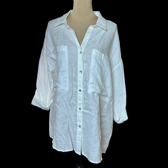 MAGASCHONI Linen Top Sz L Roll Tab Sleeve Collared Button Up Big Pockets White - Picture 1 of 9